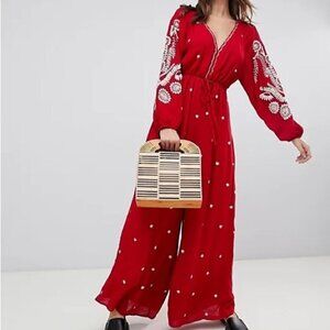 Free People Red Embroidered Romper/Jumpsuit v-neck jumpsuit size XS